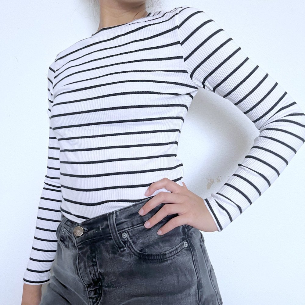 Black and White Striped Mock Neck Top
